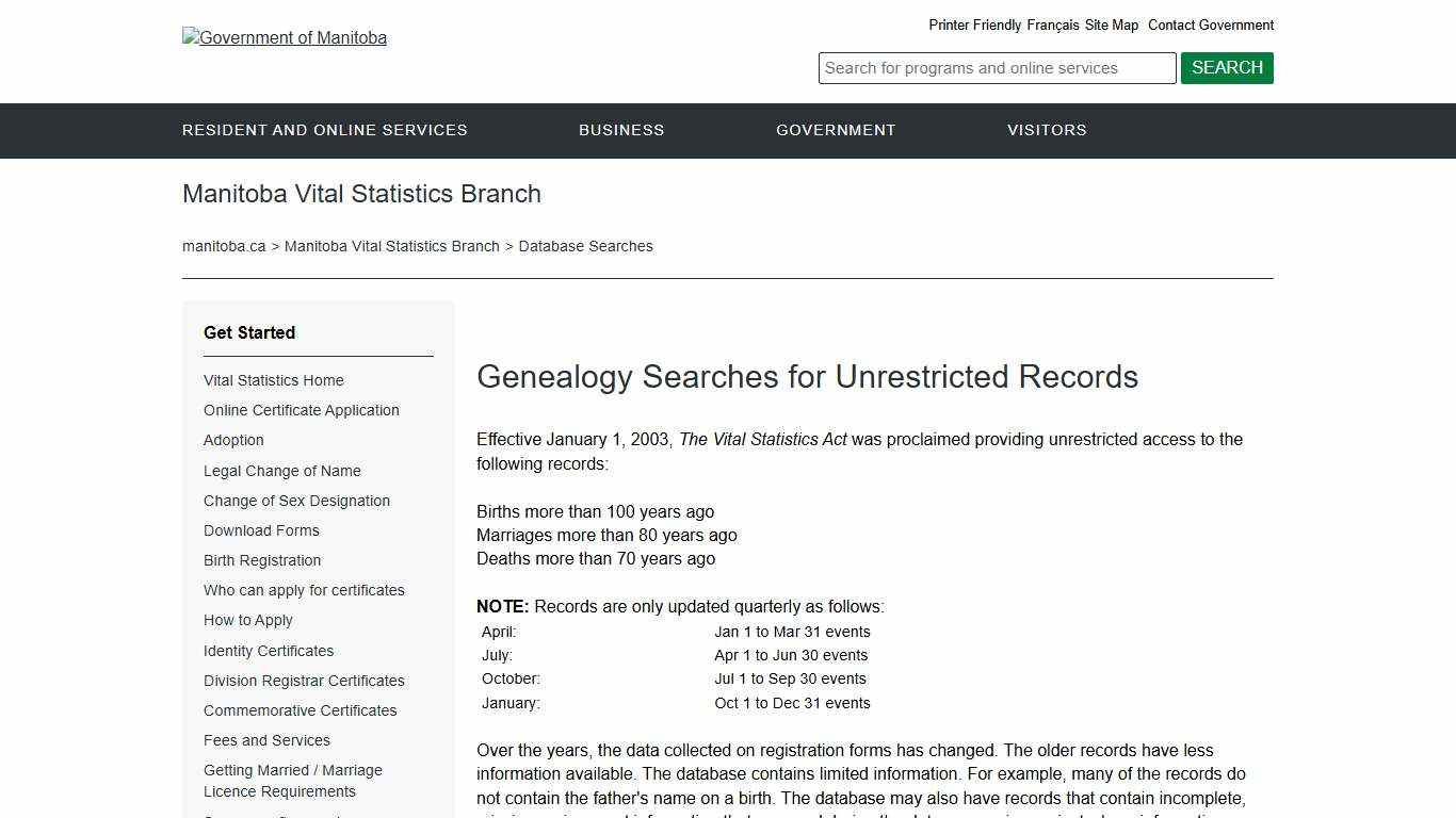 Database Searches | Manitoba Vital Statistics Branch | Province of Manitoba