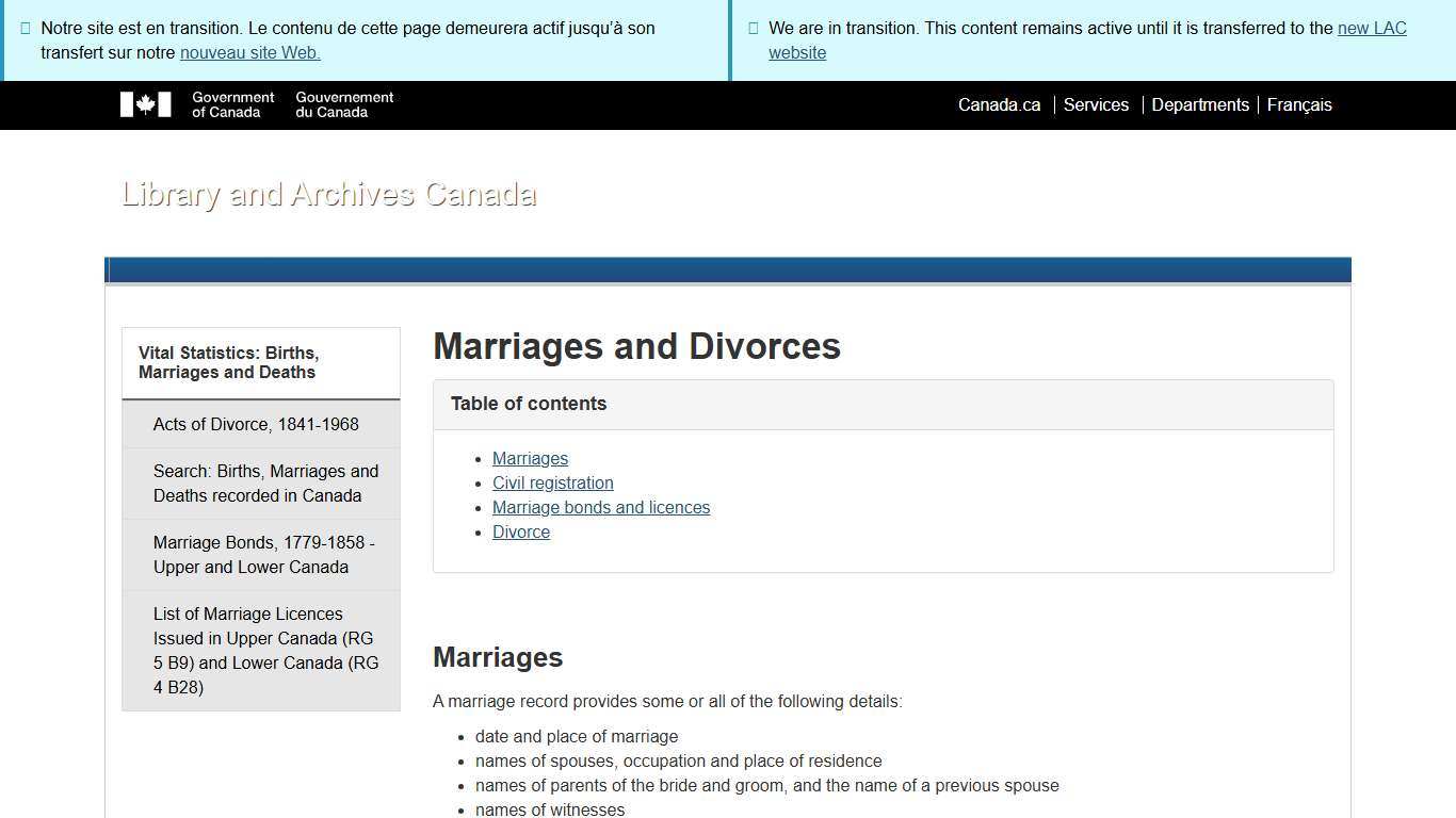 Marriages and Divorces - Library and Archives Canada
